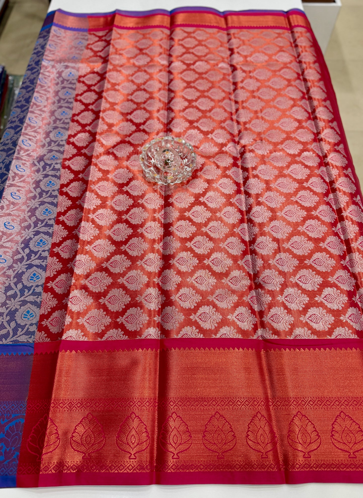 Bridal tissue saree for women with woven zari work and contrast border, kanchipuram style powerloom saree with blouse fabric