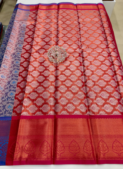 Bridal tissue saree for women with woven zari work and contrast border, kanchipuram style powerloom saree with blouse fabric