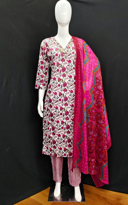 Cotton Kurti Pant Dupatta Set with Handwork and Mirror Detailing for Women