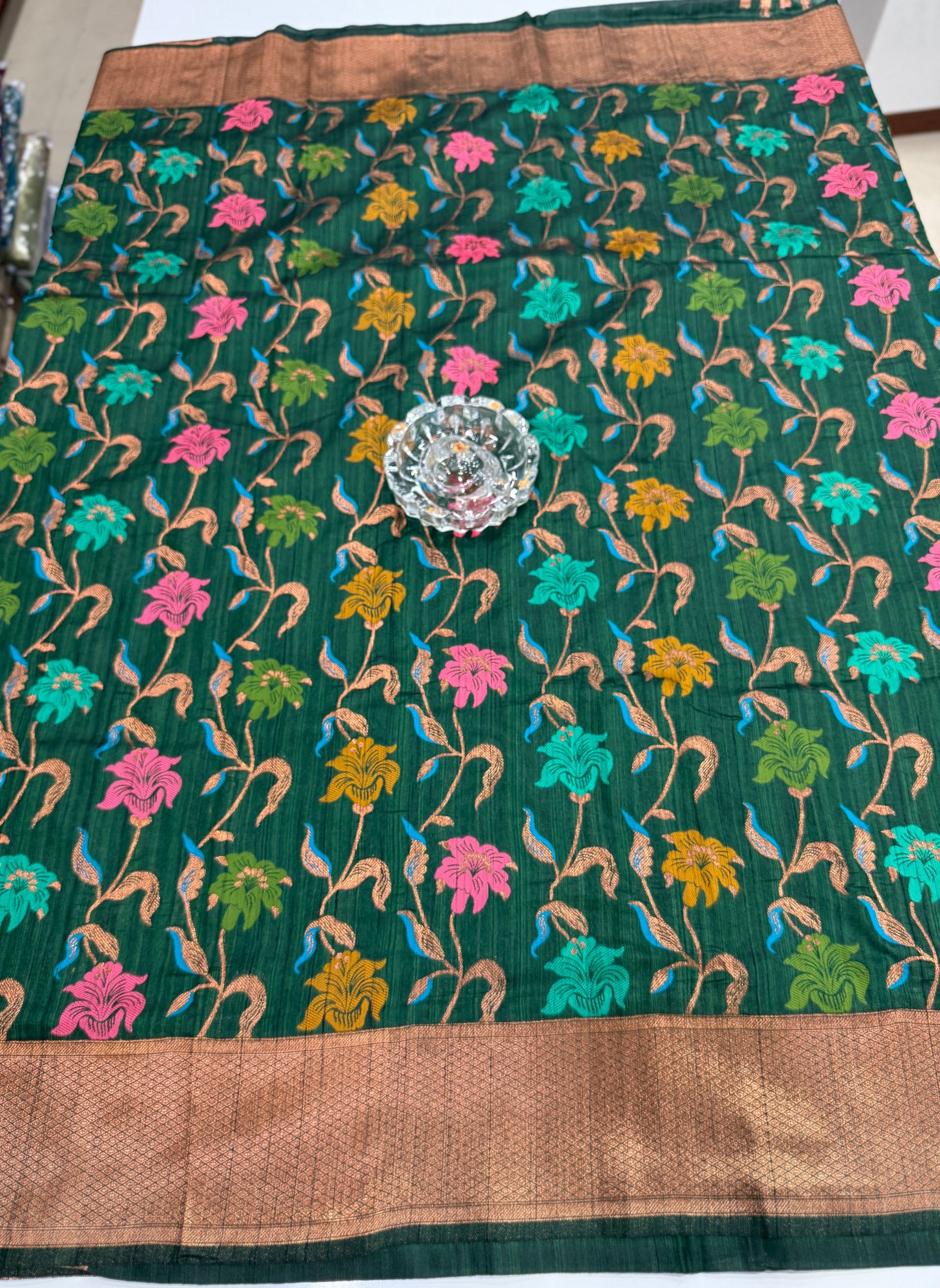 Soft silk saree with woven floral zari border and contrast pallu for women