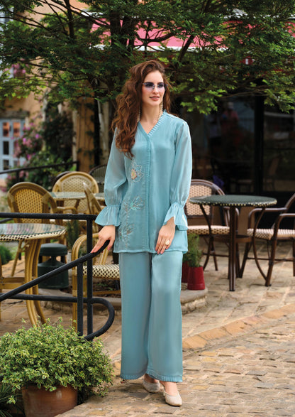 Viscose Silk Co-ord Set with Handwork Top and Culotte Pants – Women’s Festive and Casual Wear