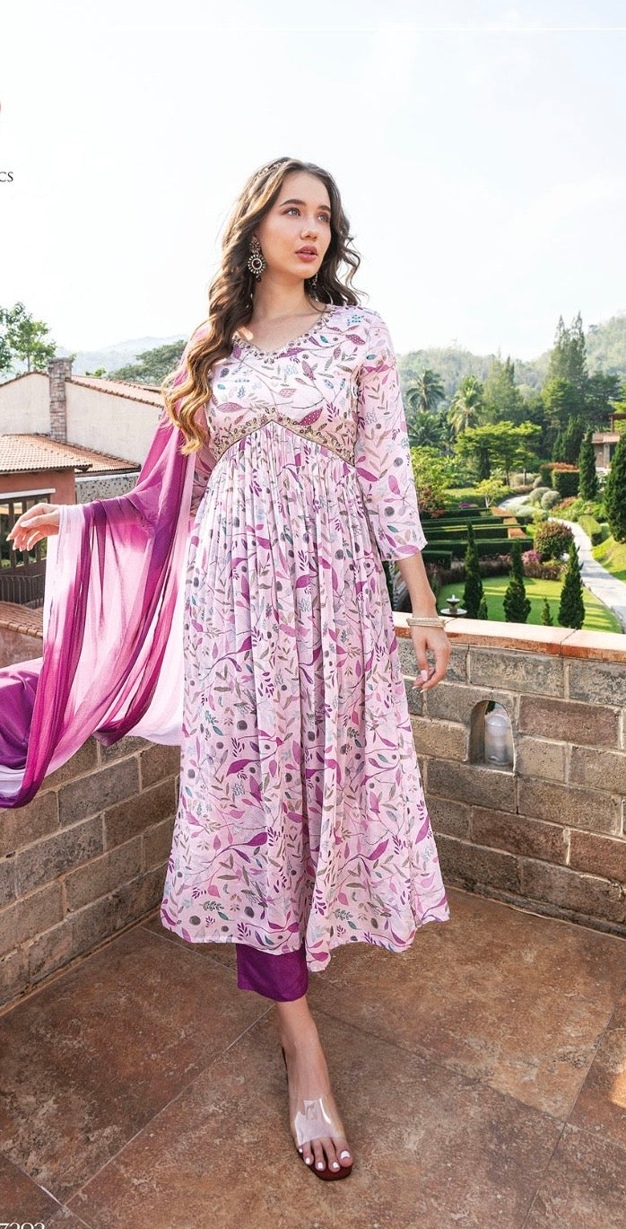 Women’s pure chinon Alia cut kurti set with handwork and shaded nazmin dupatta – festive ethnic wear