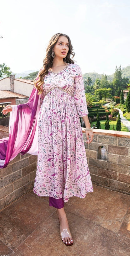 Women’s pure chinon Alia cut kurti set with handwork and shaded nazmin dupatta – festive ethnic wear