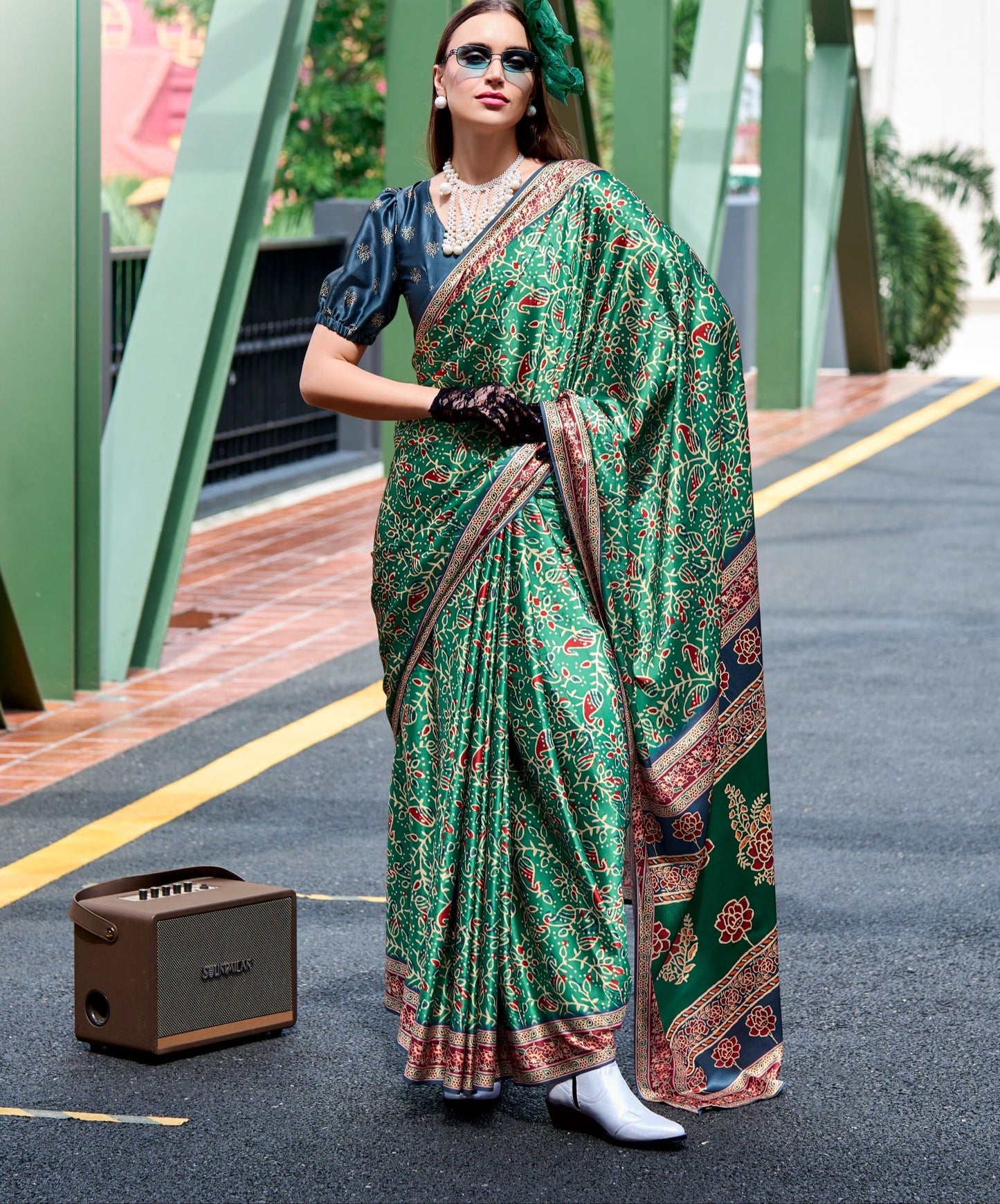 Pure Satin Silk Saree with Ajrakh Print – Festival and Traditional Wear Saree for Women