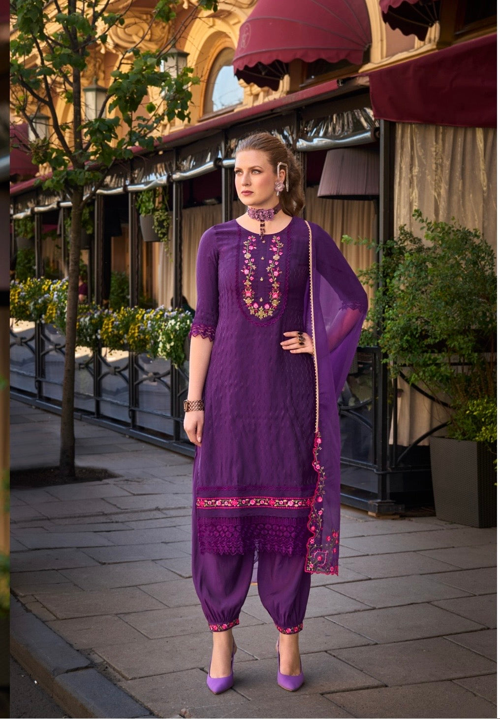 Women’s Self-Jacquard Silk 3-Piece Suit Set with Afghani Bottom and Organza Dupatta – XXL & 3XL