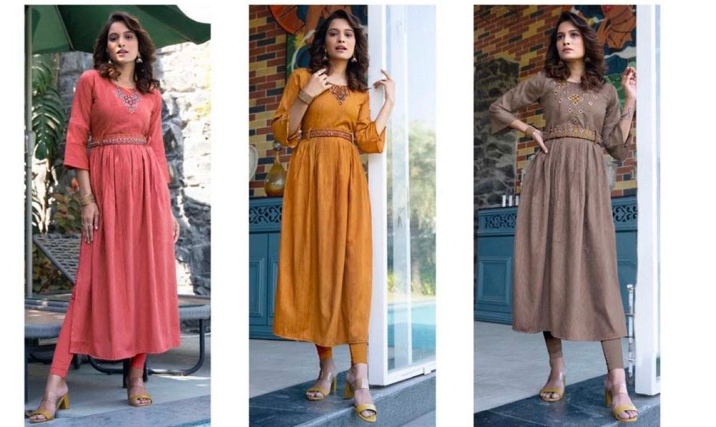 Viscose Rayon Nayra Cut Kurti with Hand Embroidery and Belt for Women – Multiple Colors, S to XXL