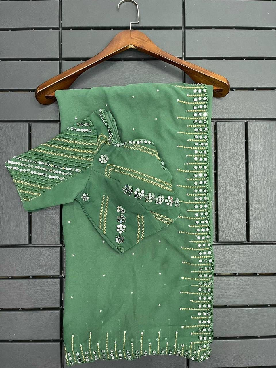 Women’s Pure Georgette Saree with Embroidery and Real Mirror Work, Matching Blouse