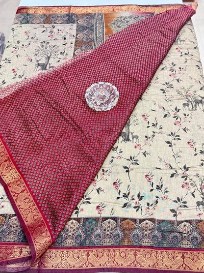Chennuri silk style printed saree with traditional artwork border and unstitched blouse fabric for women