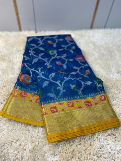 Banarasi Meenakari Georgette Silk Saree with Multi-Color Floral Weaving and Meena Border Blouse