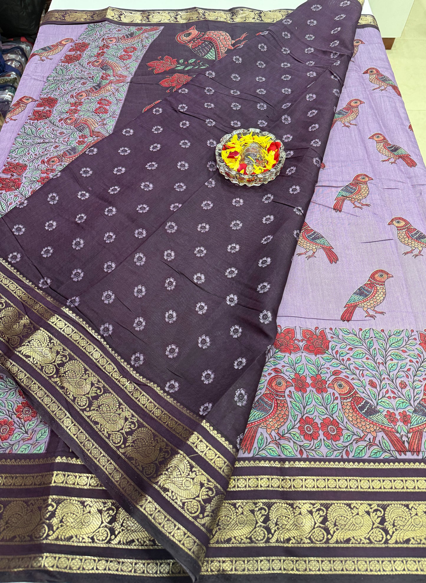 Venkatagiri style silk-blend printed saree with bird motifs and zari-style border, 6.3m women’s festive saree