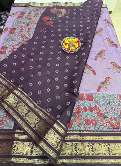 Venkatagiri style silk-blend printed saree with bird motifs and zari-style border, 6.3m women’s festive saree