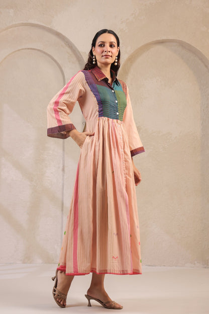 Pastel Panelled Cotton Dress with Checkered Yoke and Hand-Embroidered Motifs – Women’s Full Sleeve Casual Wear