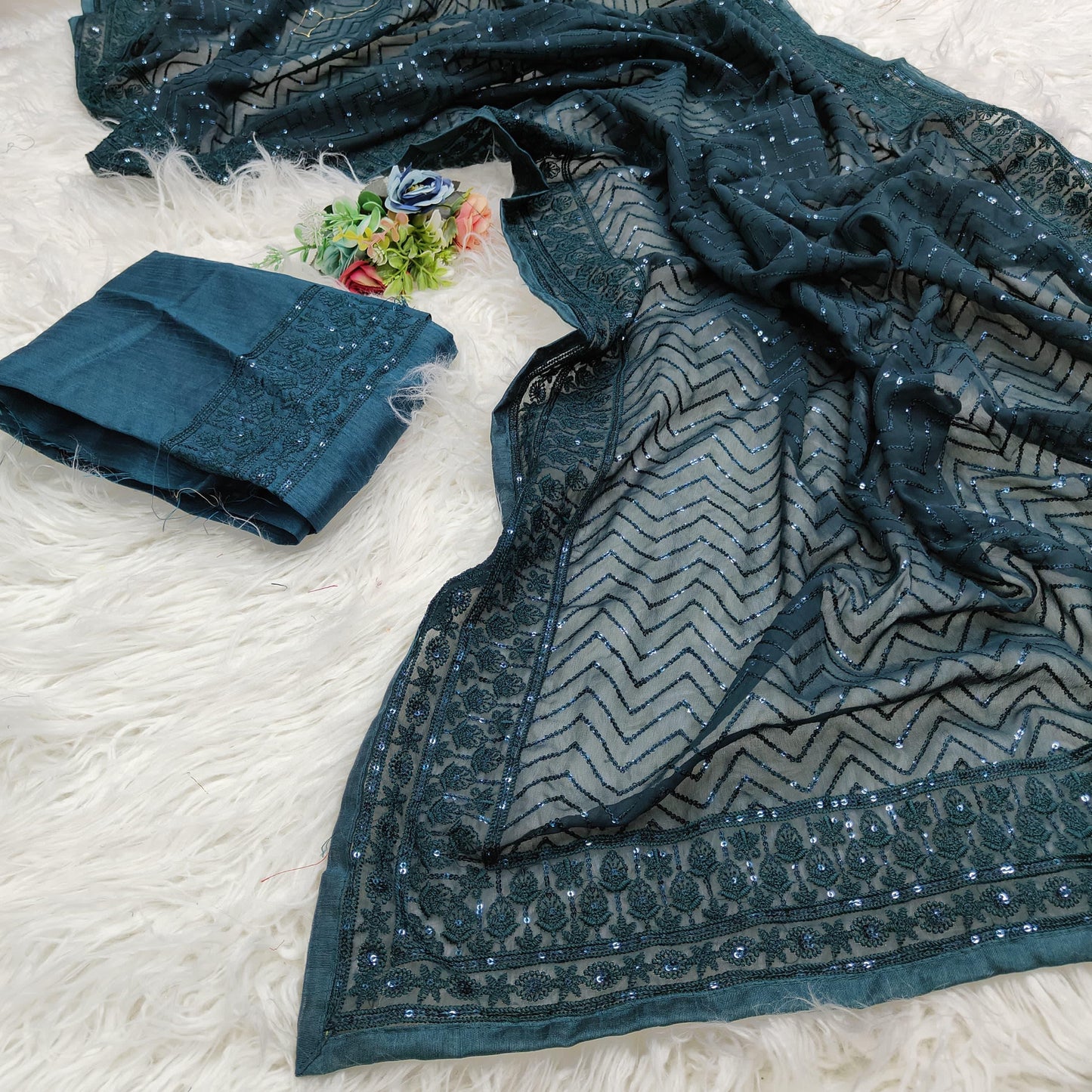 Graceful Soft Georgette Saree with Sequins Embroidery and Piping Lace Border