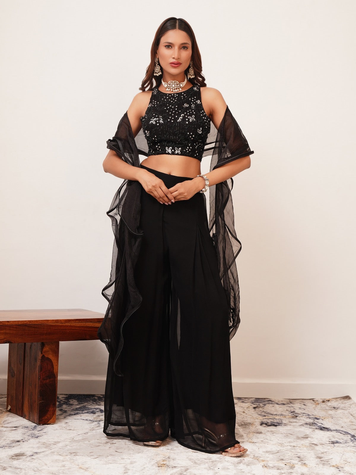 Embroidered Georgette Crop Top and Plazzo Set – Ready-to-Wear Party Outfit for Women