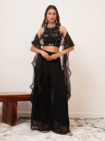 Embroidered Georgette Crop Top and Plazzo Set – Ready-to-Wear Party Outfit for Women