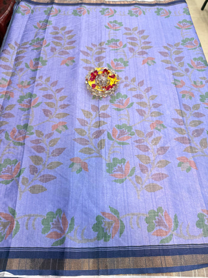 Raw tussar silk saree with smart floral design and soft marmo finish, printed border saree