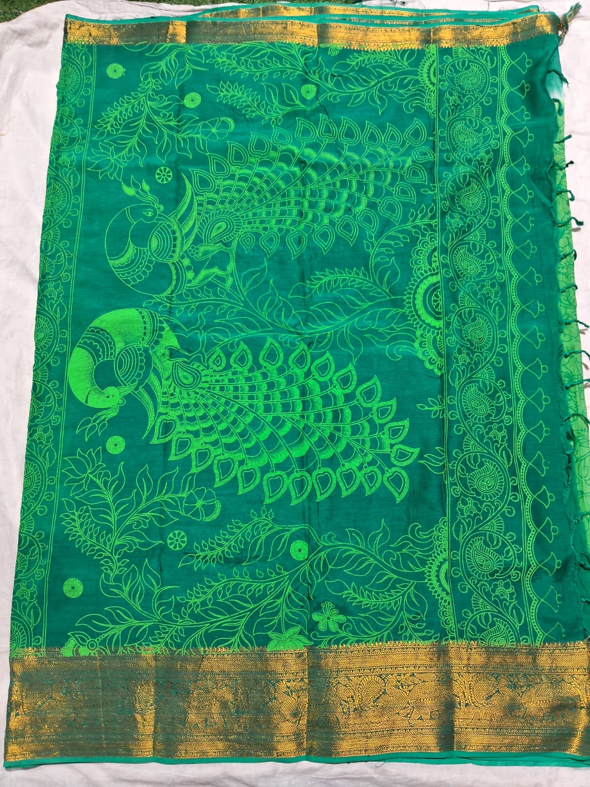 Chennuri Pure Silk Saree with Outline Kalamkari Design and Traditional Kanchi Borders