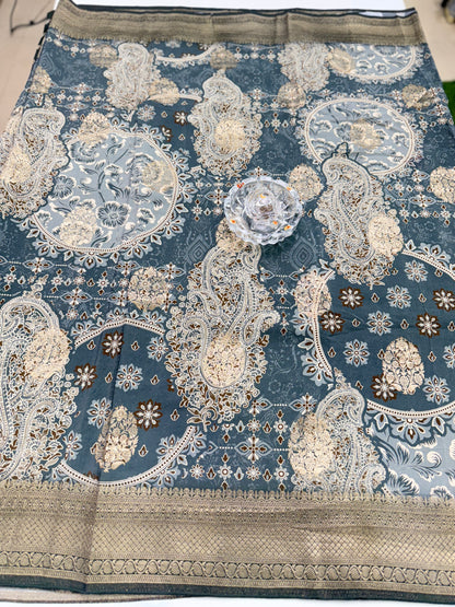 Pure Crepe Silk Saree with Digital Print and Zari Border – Elegant Festive and Wedding Saree for Women