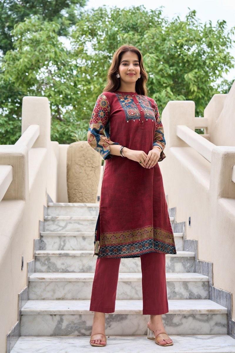 Printed Cotton Kurta Pant Set with Yoke Embroidery – Daily and Festive Wear for Women (size 38 & 40)