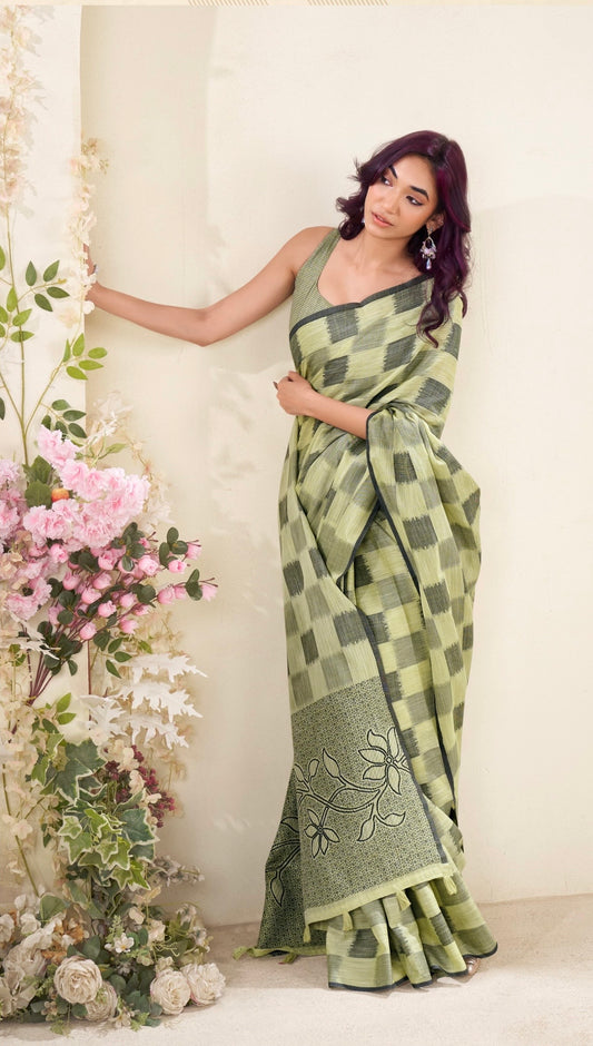 linen silk saree with checked pattern and floral border – lightweight ethnic wear for women