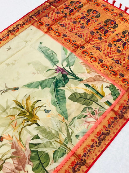Soft Paithani Silk Saree with Block Print, Zari Weaving and Ombre Pallu – Party and Festive Wear