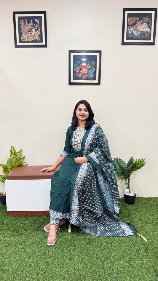 Rayon Kurta Pant Dupatta Set with Dori Embroidery and Chanderi Foil Print Dupatta – Sizes M to XXL