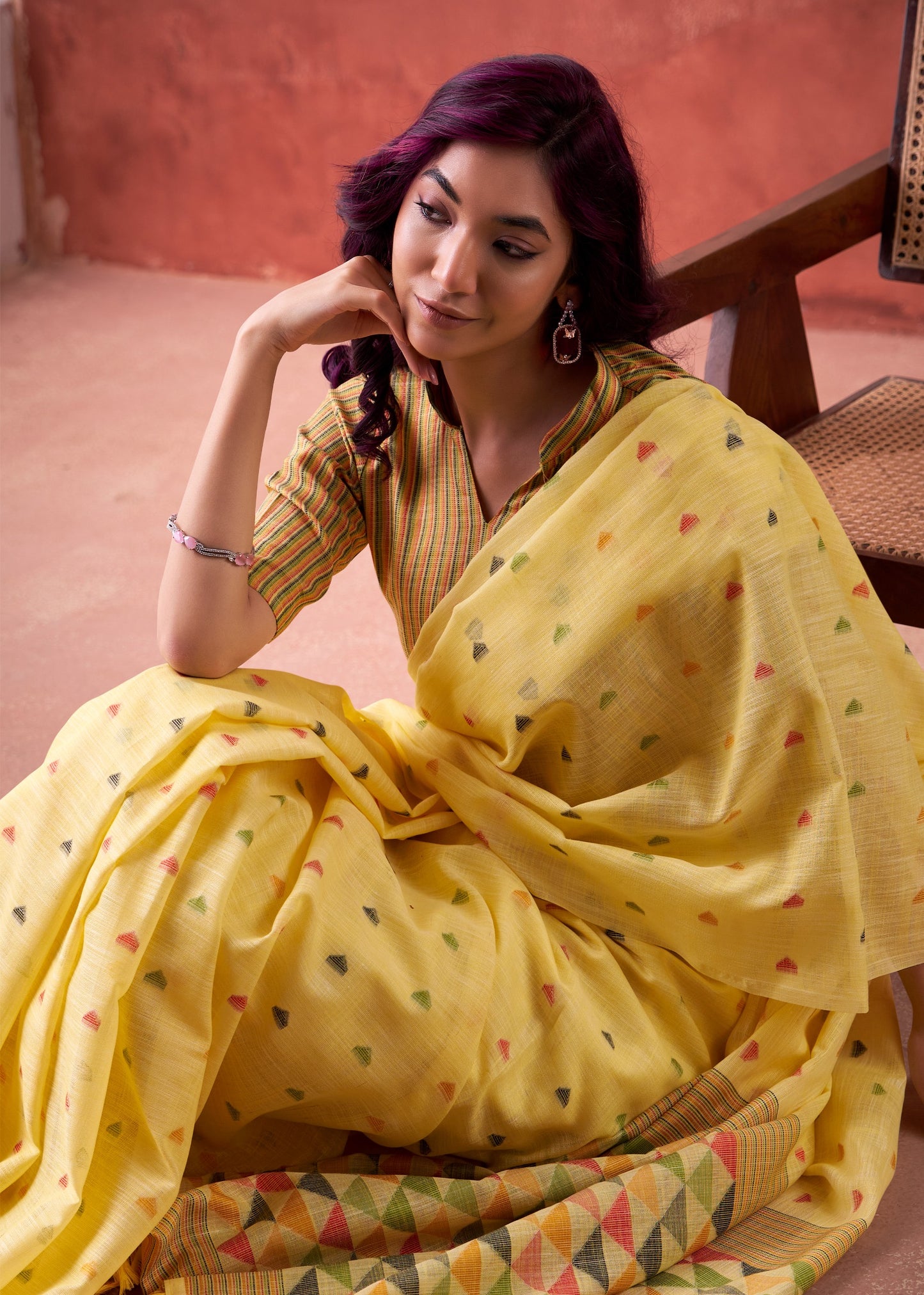 linen silk printed saree with geometric pallu and multicolor motifs – ethnic wear for women