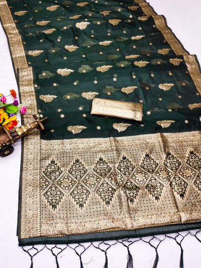 Organza Silk Zari Weaving Saree with Golden Butties, Silver Zari Pallu & Brocade Blouse