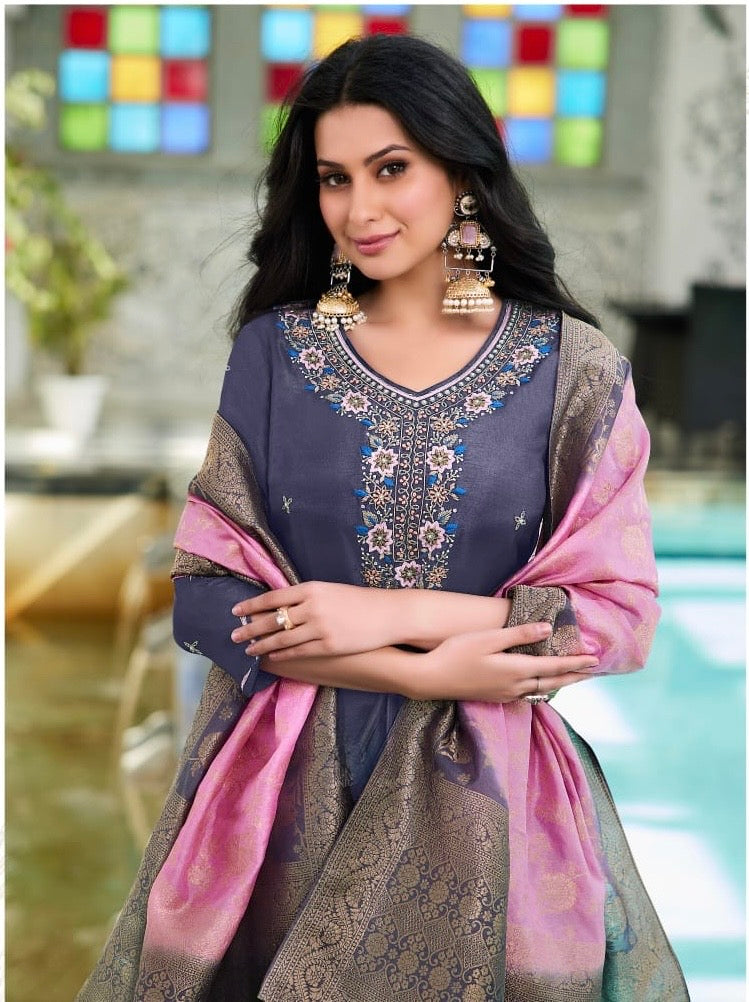 Dola Silk Kurti Set with Russian Silk Pant and Jacquard Dupatta – Handwork Ethnic Set for Women