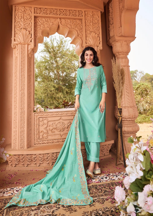 Viscose Nylon Kurti with Pant & Chanderi Block Print Dupatta – Aari Work – Sizes 2XL to 5XL