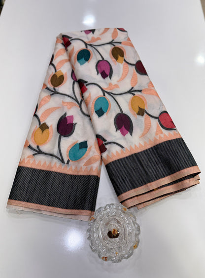 Soft silk floral printed saree with contrast blouse, lightweight festive wear saree for women
