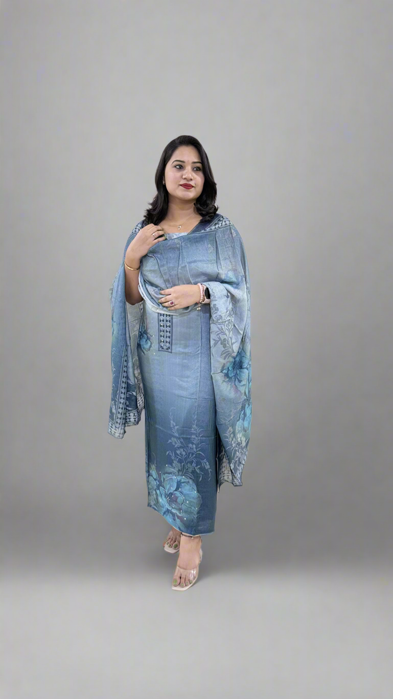 Unstitched Viscose Muslin Shimmer Dress Material with Digital Print, Aari Sequins Mirror Work and Dupatta