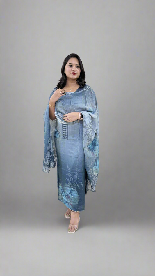 Unstitched Viscose Muslin Shimmer Dress Material with Digital Print, Aari Sequins Mirror Work and Dupatta