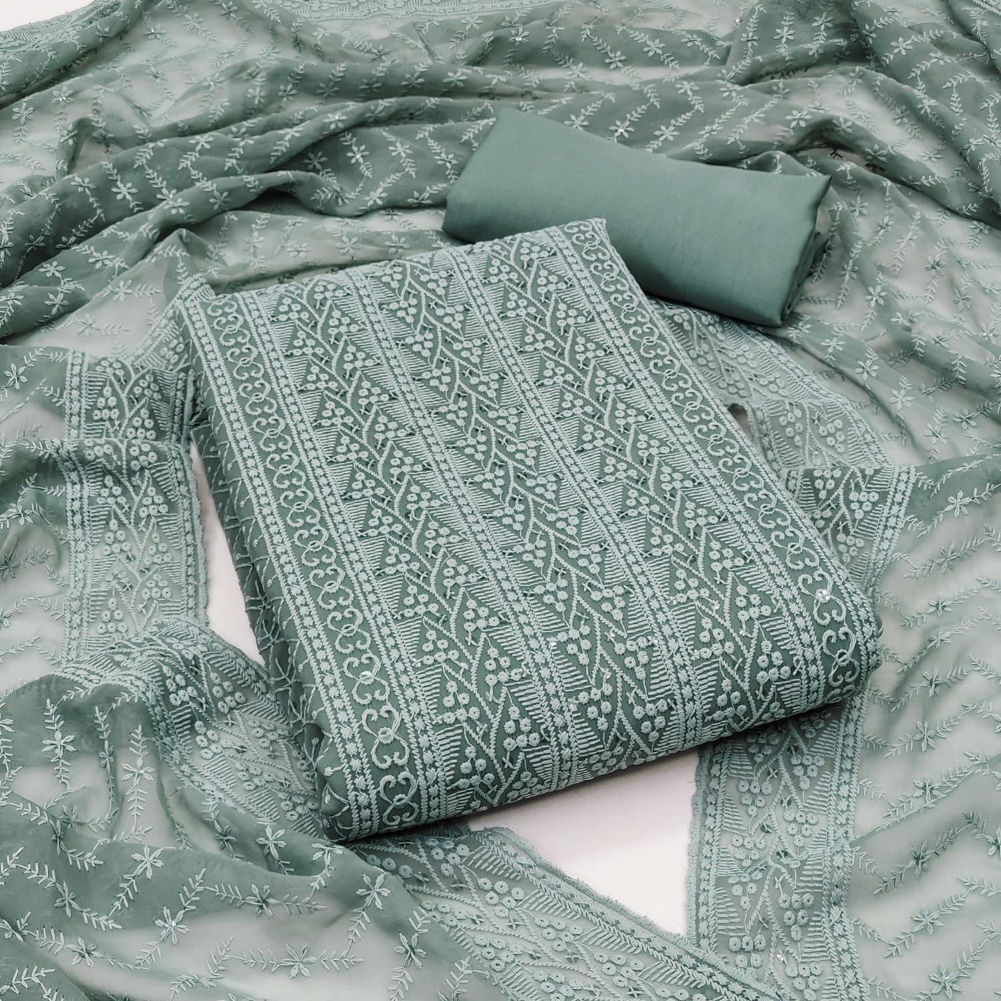 Unstitched Georgette Chiffli Embroidered Dress Material with Crepe Bottom and Georgette Chicken Work Dupatta