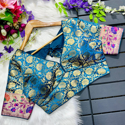 Pure Paithani Weaving Blouse with Multi Meena Work and Padded Comfort for Women