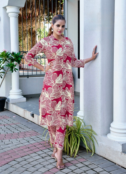 Heavy Viscose Printed Co-Ord Set with Mandarin Collar, Button Detailing, and Side Pocket – Ethnic Wear for Women (XL to 3XL)