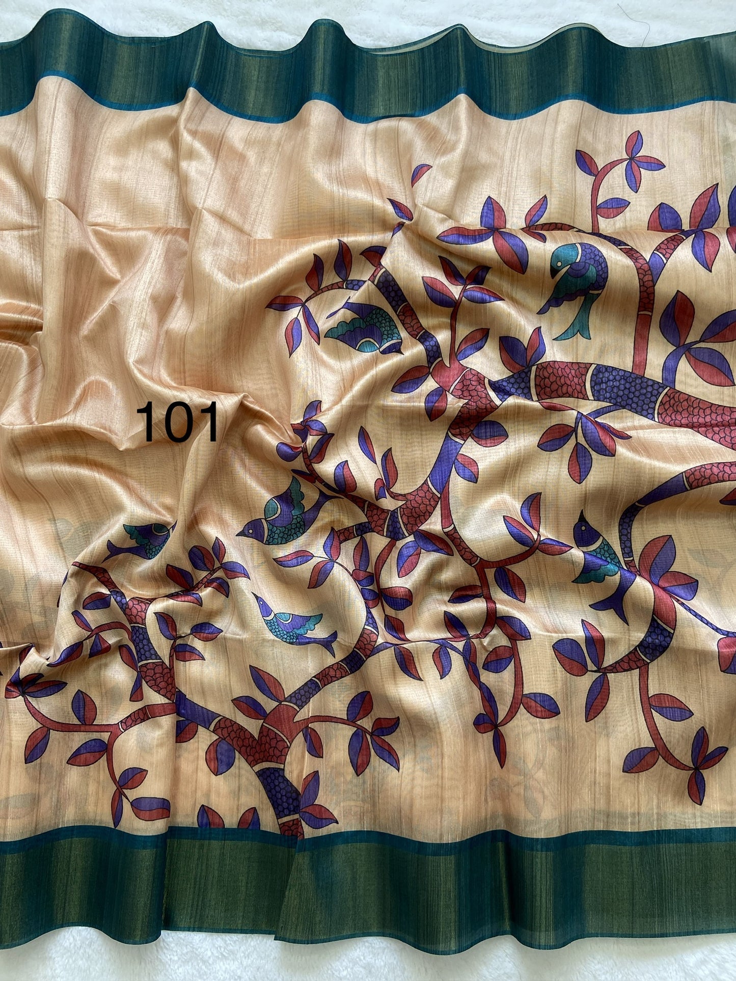 Soft Tussar Silk Printed Saree with Contrast Blouse, Tassels, and Designer Pallu