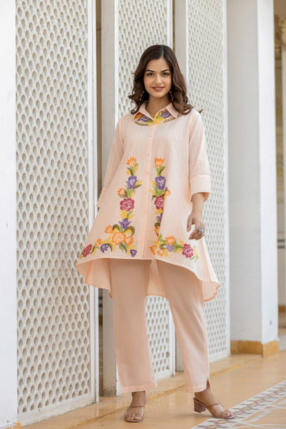 Cotton co-ord set for women with embroidered top and bottom – fully stitched ethnic casual wear