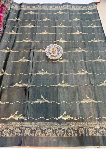 Semi Tussar Silk Saree with Ethnic Print Border and Tassel Pallu, Sea & Ships Print