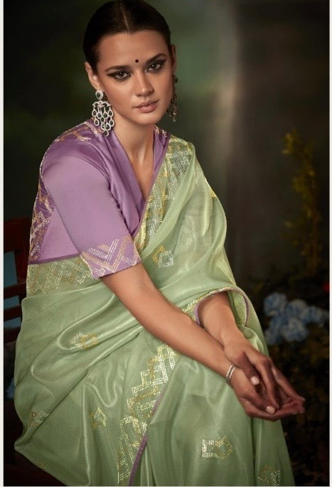 Organza Tissue Silk Saree with Embroidery or Swarovski Work and Heavy Designer Blouse – Wedding and Festive Wear for Women