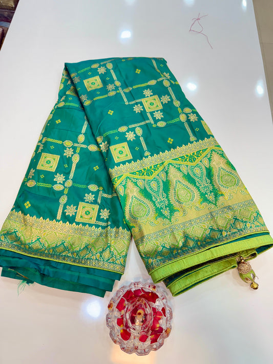 Royal Green banarasi saree with zari weaving and embroidered silk blouse – ethnic festive wear for women