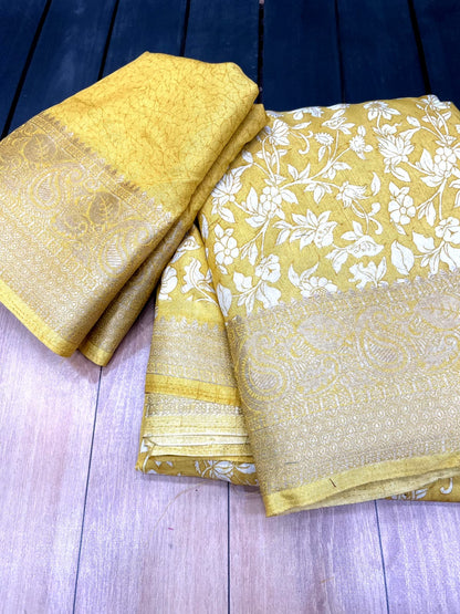 Women’s Printed Binni Crepe Silk Saree with Weaving Viscose Border and Matching Blouse