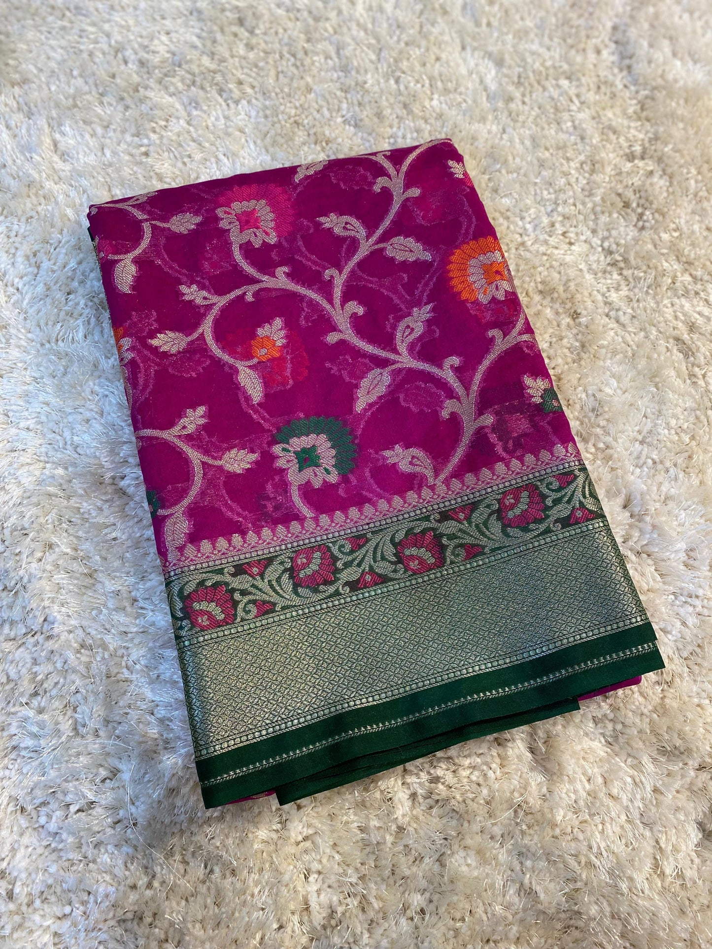 Banarasi Meenakari Georgette Silk Saree with Multi-Color Floral Weaving and Meena Border Blouse