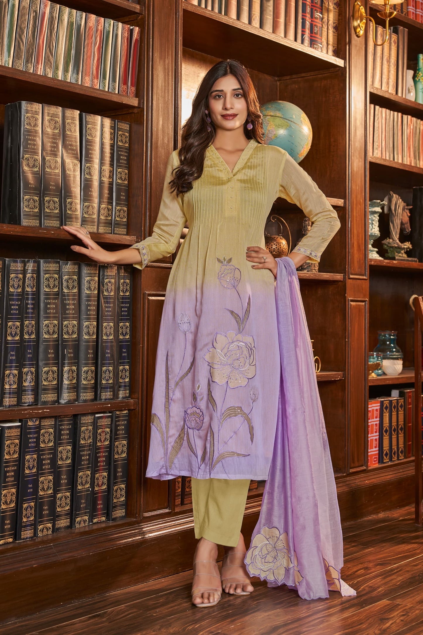 Mal Chanderi Kurta Pant Dupatta Set with Ethnic Detailing Work for Women