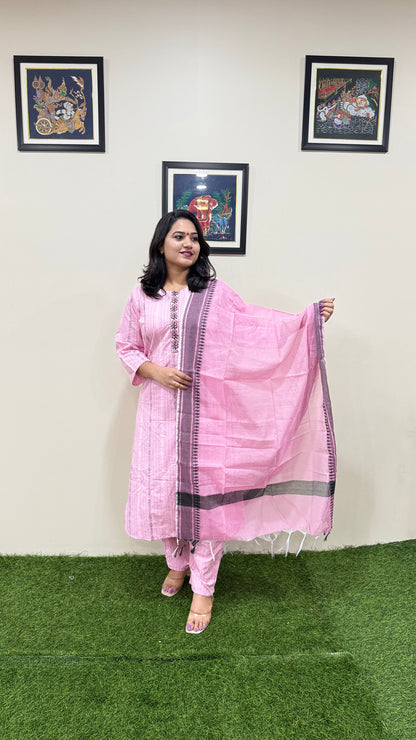 Cotton Handloom Straight Cut Kurta Pant Dupatta Set with Embroidery – Plus Sizes XL to 3XL