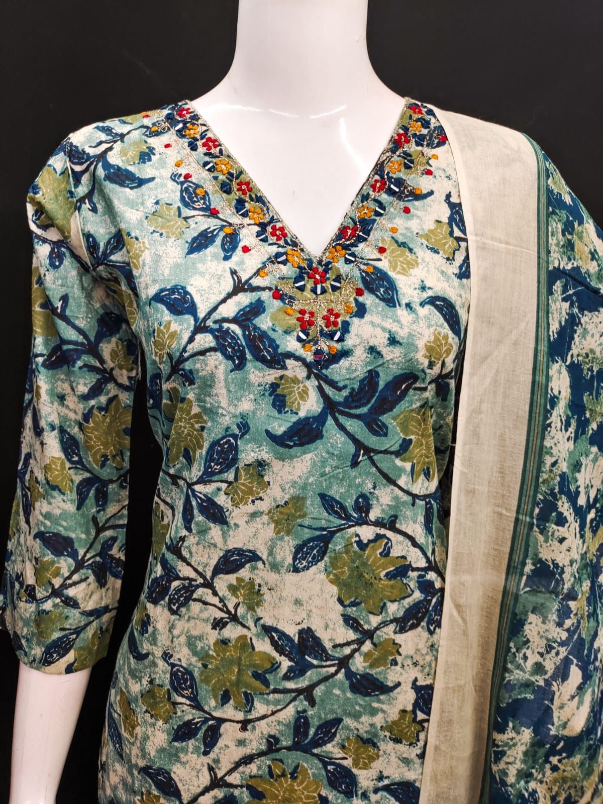 Cotton Kurti Pant Dupatta Set with Handwork and Mirror Detailing for Women