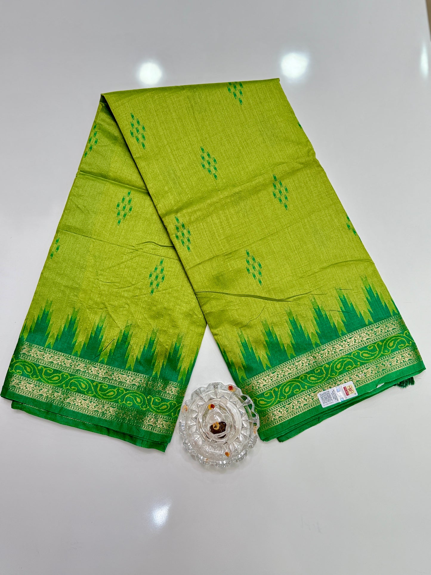 Semi Raw Silk Saree with Temple Border and Blouse – Handwoven Style Festive Wear