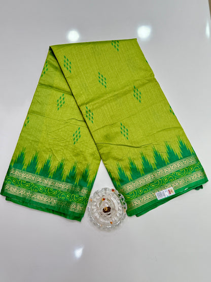 Semi Raw Silk Saree with Temple Border and Blouse – Handwoven Style Festive Wear