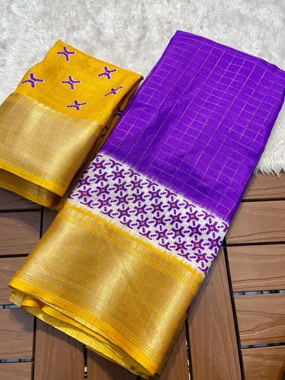 Digital Kalamkari Printed Dola Silk Saree with Gold Zari Jacquard Pattu Border – With Blouse Piece