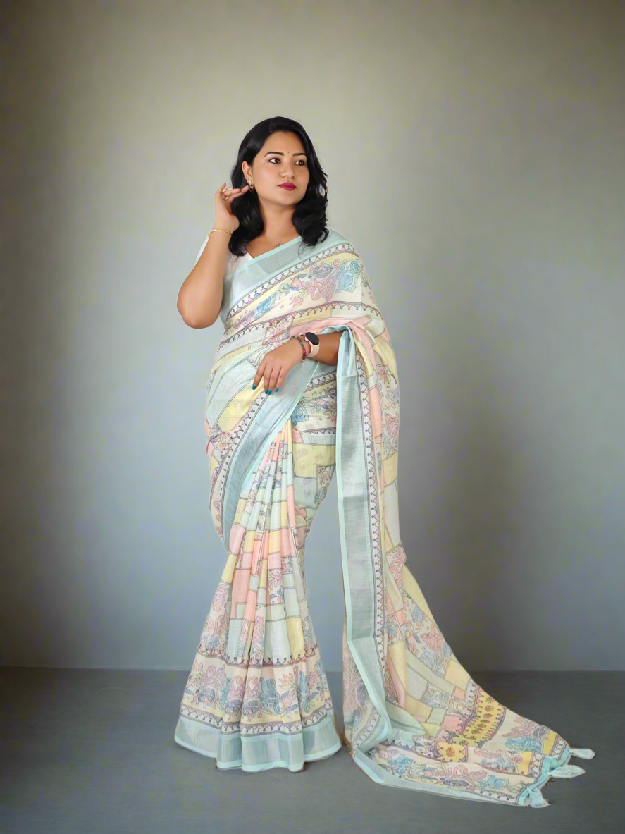 Soft Pure Linen Saree with Floral Print, Kantha Lotus Border, Zari Lining, and Running Blouse